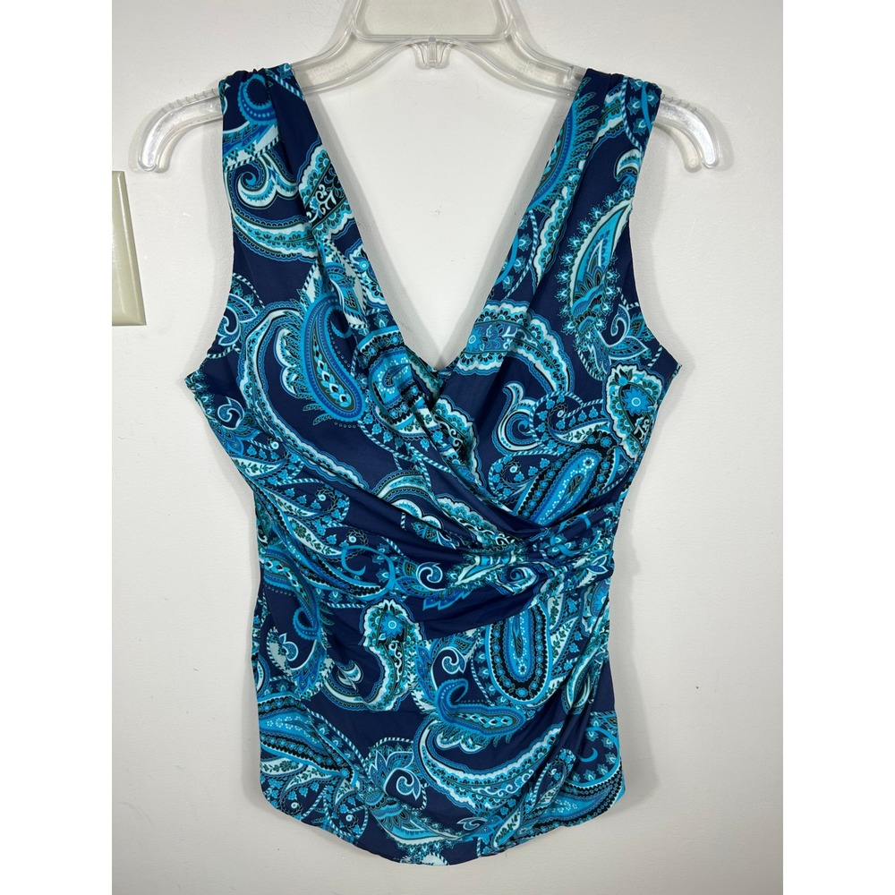 Lands'‎ End Swimsuit Sz 12 Blue Paisley Surplice Resortwear Chic Coastal Grandma